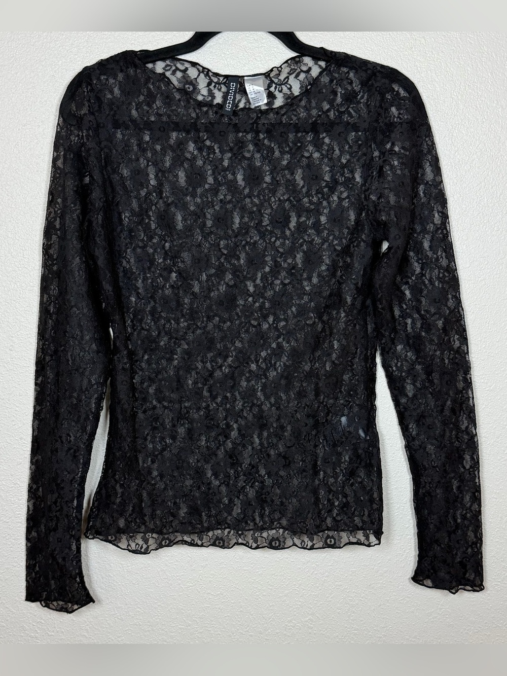Women's M Black Floral Lace Sheer Long Sleeve Round Neck Top Whimsigoth Romantic